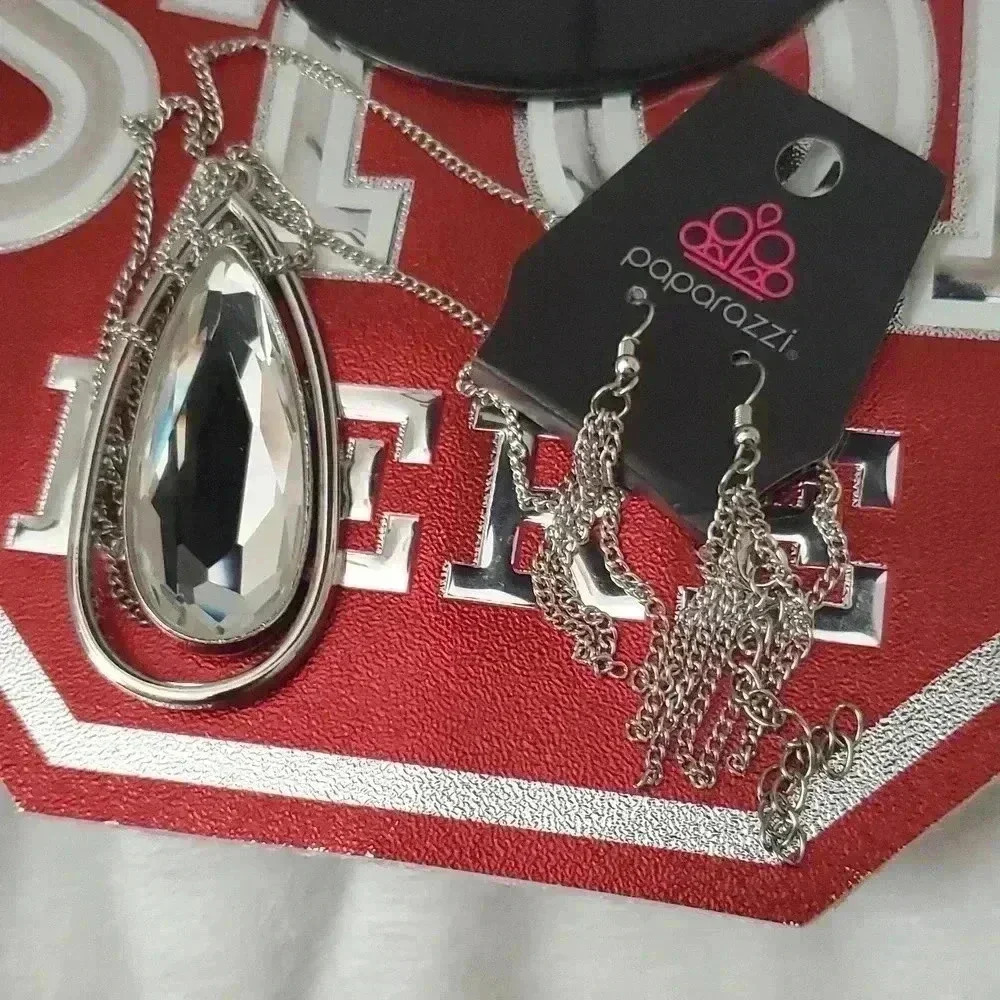 Paparazzi long silver pendant necklace and earrings